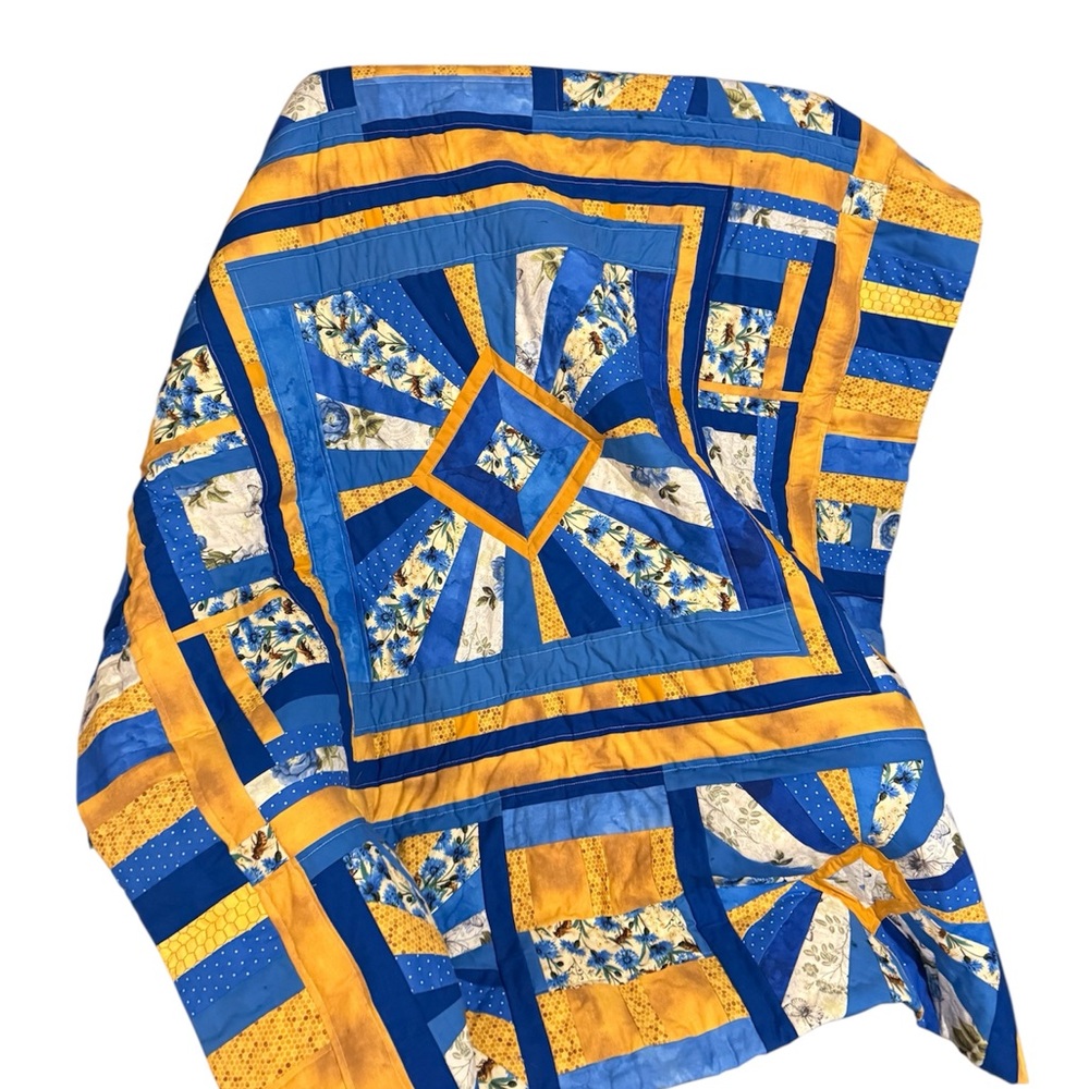 Handmade Blue and Gold Patchwork Quilt - Brand Unspecified
